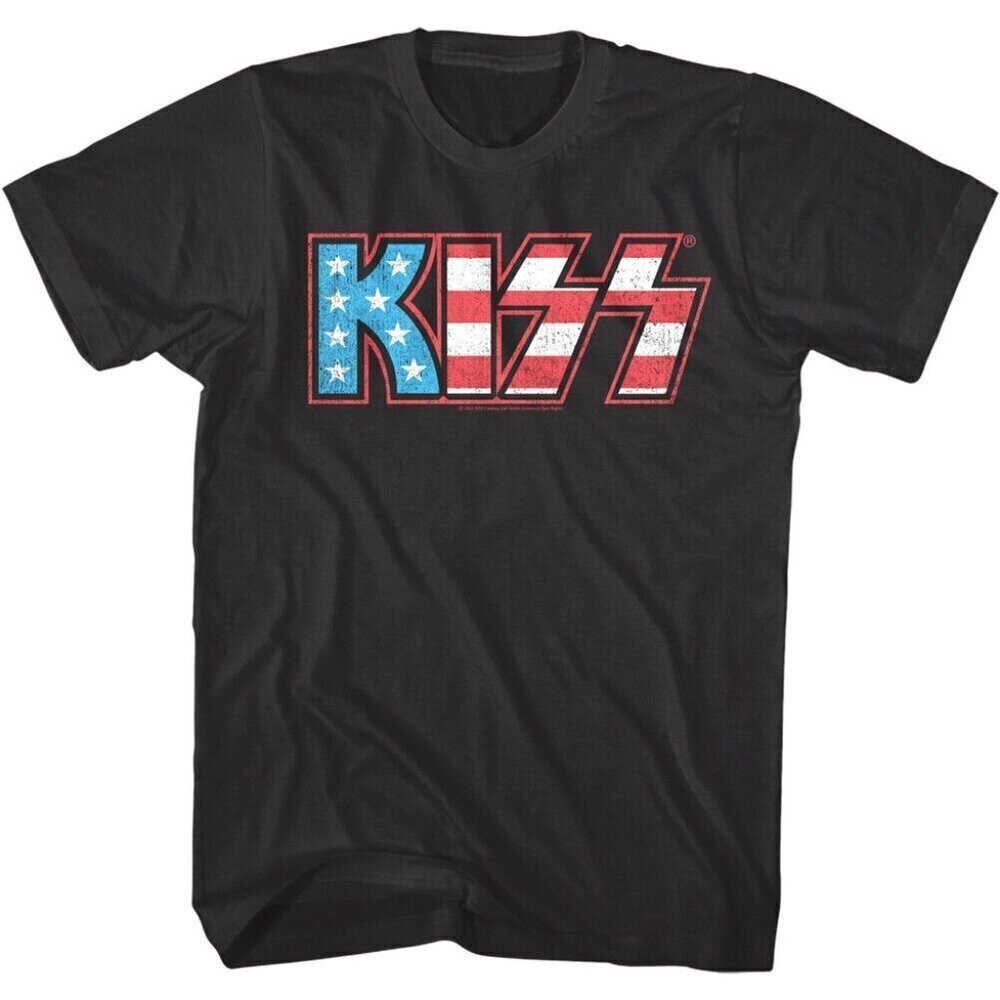 Kiss Stars Stripes Logo Rock Band Graphic T-Shirt American Flag Concert Tee